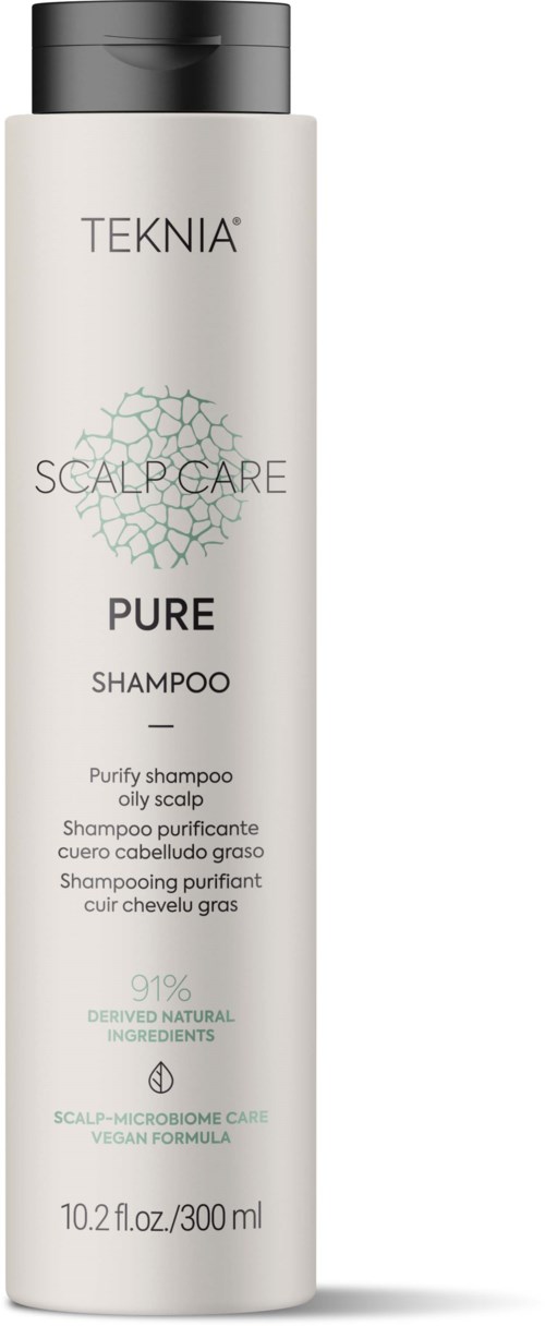  Valkoinen pullo mustalla korkilla, merkki TEKNIA PURE SHAMPOO rasvaiselle päänahalle, luonnolliset ainesosat, 300 ml.