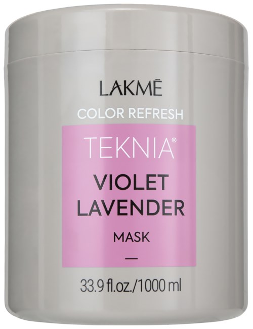 Et hårraske-beholder merket Teknia Violet Lavendel med rosa og hvit emballasje. Det er en stor krukke med 1000 ml størrelse.