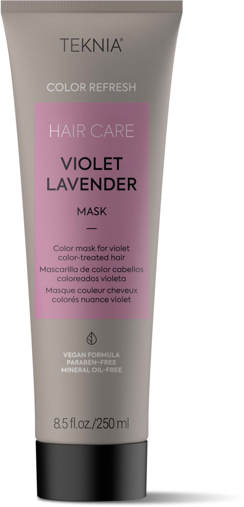 En tube med hårkur merket Violet Lavender, med rosa og grå farger og produktdetaljer.