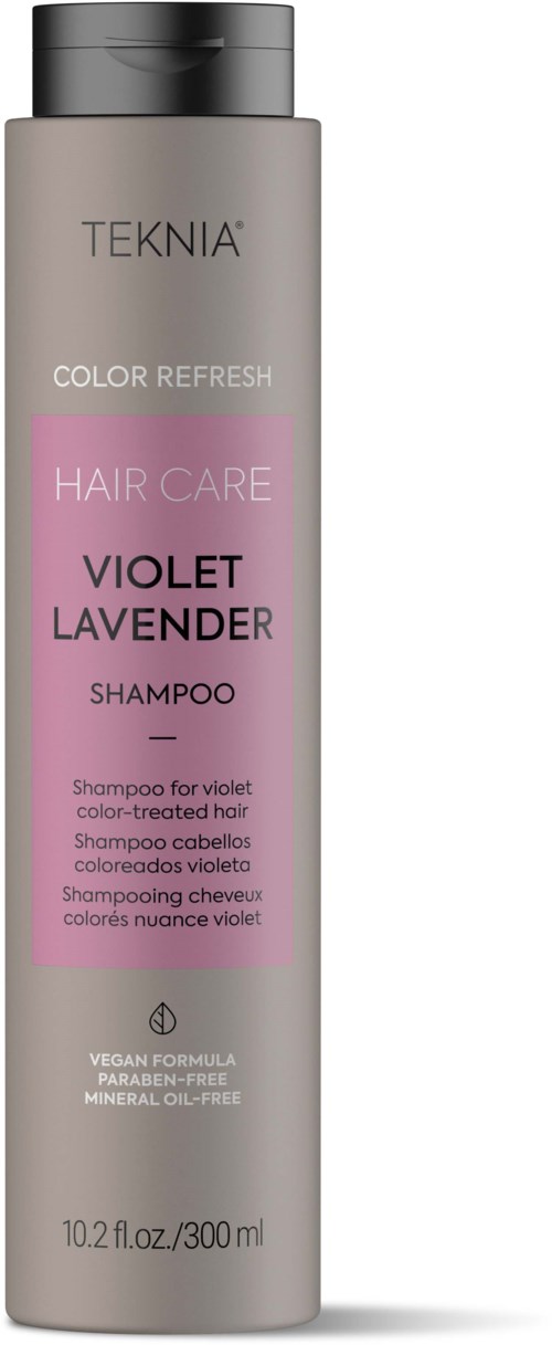 A tall, gray bottle labeled TEKNIA COLOR REFRESH, with pink section for violet lavender shampoo. It mentions vegan and mineral-free.