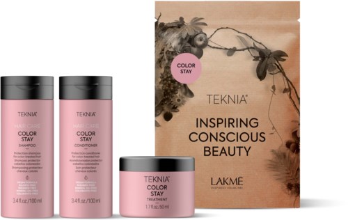 Różowe produkty do pielęgnacji włosów i pudełko z przesłaniem o naturalnym pięknie. Są od marek Teknia i Lakme.