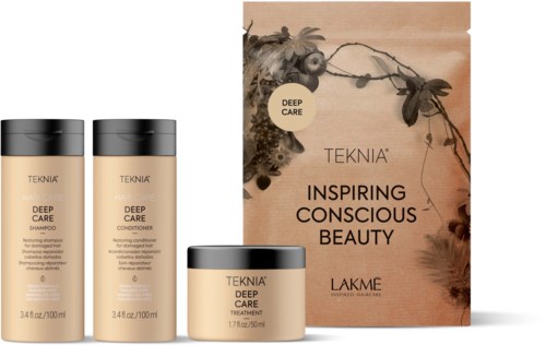 A beauty set with shampoo, conditioner, and cream, and a box with nature-inspired design and text about inspiring beauty.