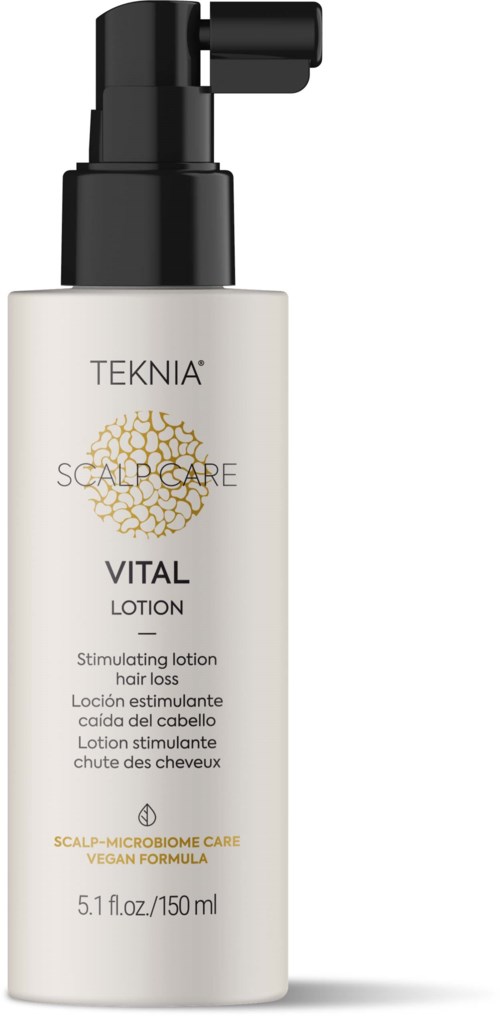 Hvit flaske med svart pumpe, merket Teknia Scalp Care Vital Lotion for hårtap. Inneholder 150 ml.