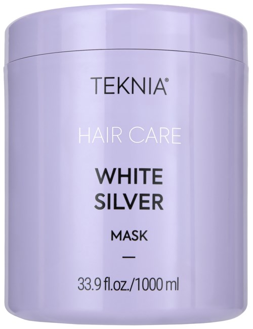 En lila behållare med TEKNIA White Silver hårvårdsmaske, 33,9 fluid ounces.