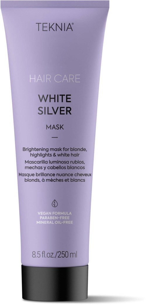 En lavendelfärgad tub med svart lock av hårvårdsmaskin märkt 'Teknia White Silver Mask' för blonda och vita hår.