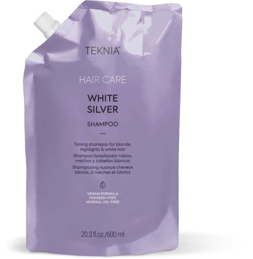 Violetti shampoo-pakkaus, jossa tekstit valkoinen ja musta. Sopii vaalealle ja valkoiselle hiuksille.