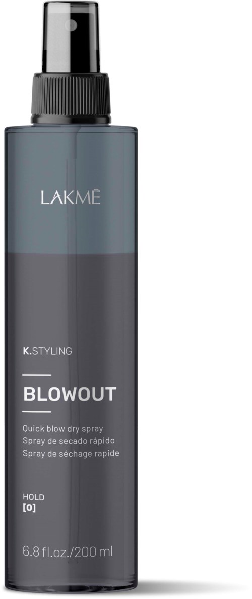 Mustavalkoinen suihkepullo, jossa lukee 'LAKME' ja 'BLOWOUT', nopeaan hiustenkuivaukseen, 200 ml.