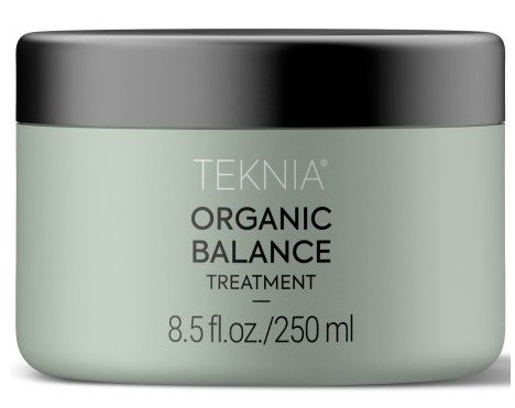 Een pot Teknia Organic Balance Treatment, lichtgroen, met zwarte deksel, 8,5 fl oz (250 ml).