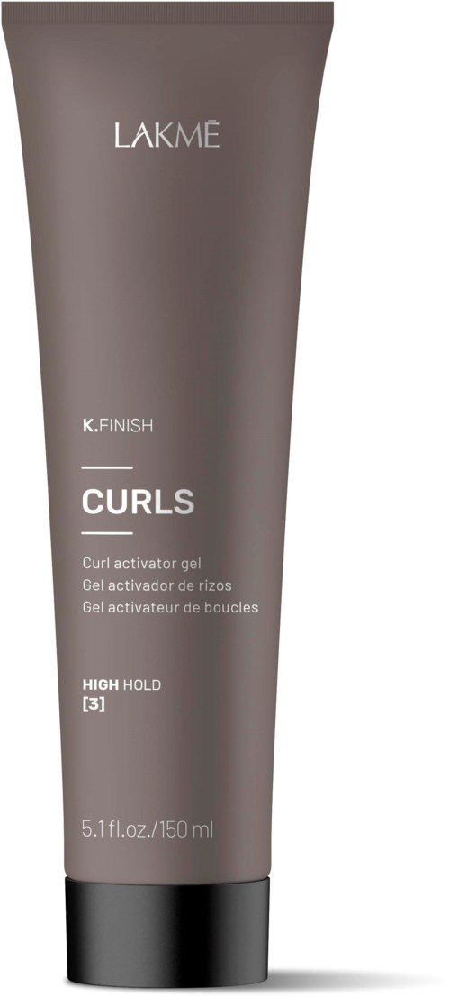 A tube of Lakme curling gel for high hold, 150 ml size, in gray color with black cap.