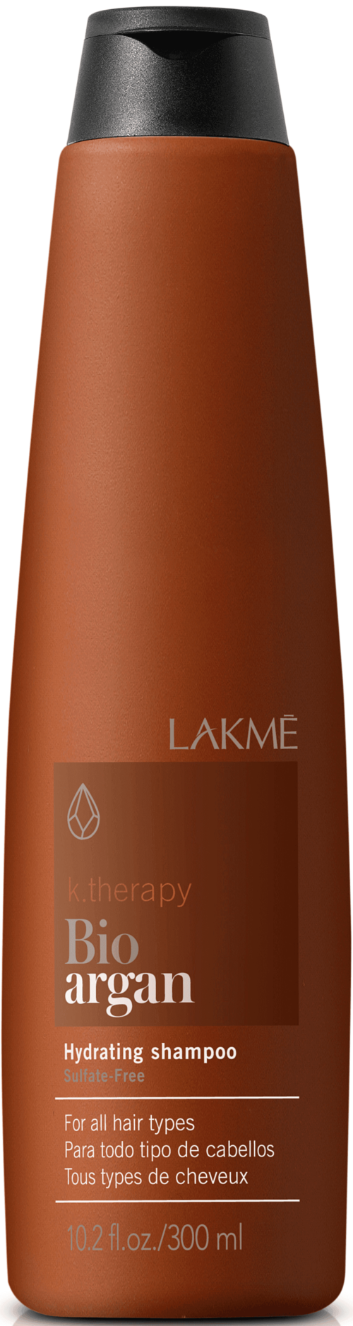 En brun flaske med svart lokk, merket som Bio Argan fuktighetsgivende sjampo for alle hårtyper.