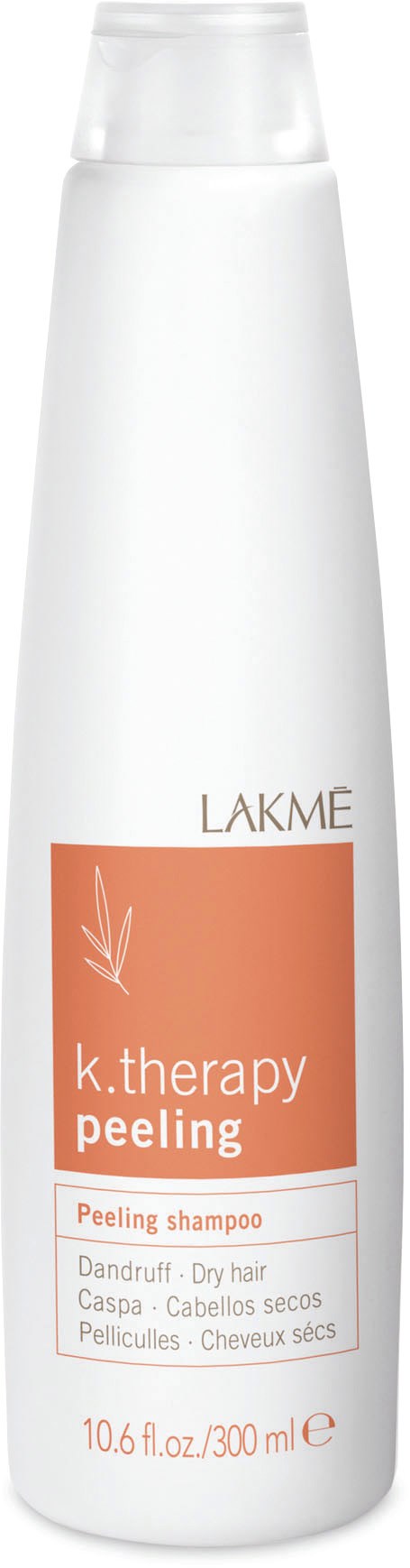 Valkoinen pullo, jossa lukee 'K.therapy Peeling' shampoota hilseelle ja kuivalle hiuksille, koralli etiketti.