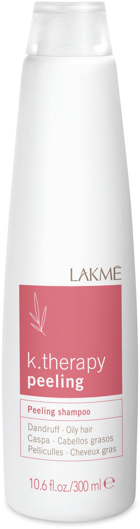 A tall white bottle with a pink label, called K.Therapy Peeling shampoo, for dandruff and scalp care.