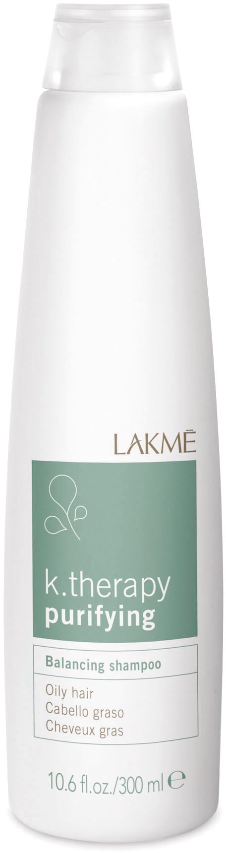 A tall white bottle of shampoo with green label, containing balancing and purifying hair care. It is for oily hair.