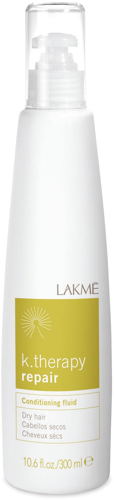 A white bottle with a spray pump for hair treatment, labeled 'k.ttherapy repair' for dry hair, contains 10.6 fl oz.