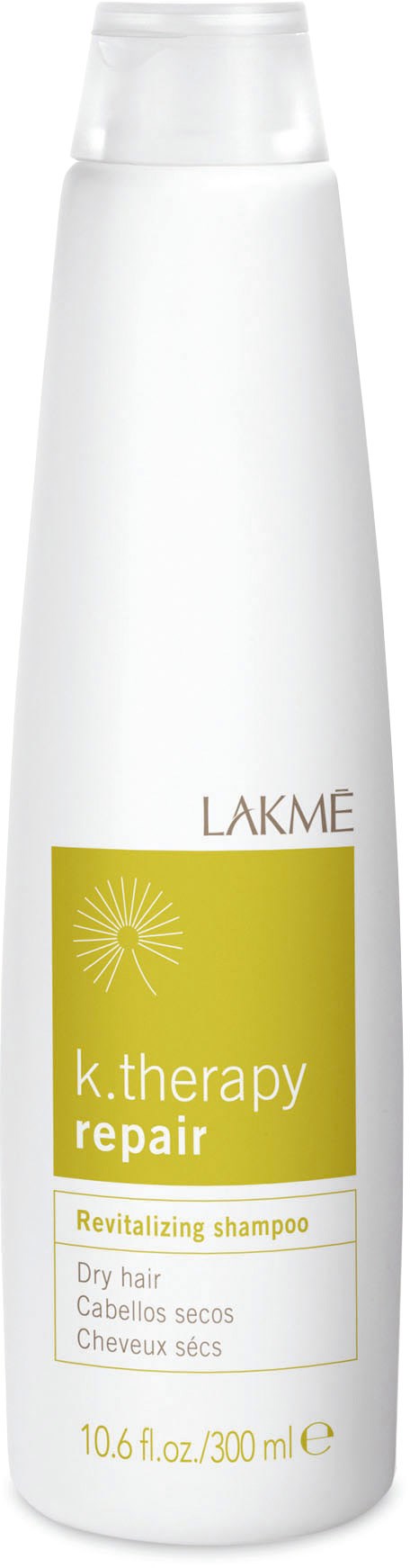 En hvit flaske med gul etikett for hårreparasjonsshampoo, egnet for tørt hår, 300 ml størrelse.