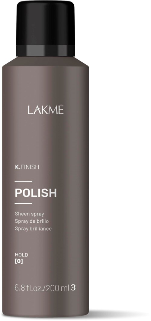 En grå flaska med Lakme K. Finish Polish-glansspray för naglar, med svart lock.