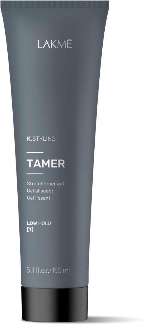 En grå tub med svart lock, märkt 'LAKME Tamer' för stylinggel, 150 ml.