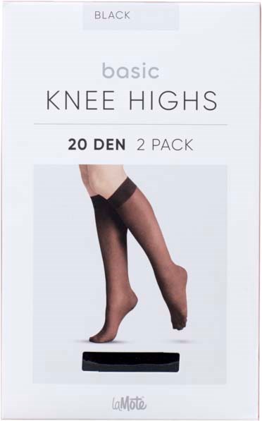 Eine Packung schwarzer Kniestiefel mit einem Bein, das gezeigt wird. Die Verpackung sagt basic knee highs, 20 denier, 2 pack.