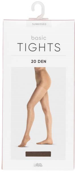 Verpackung ohne Socken von Basic Strümpfen mit einem Modell, das die Strümpfe an den Beinen zeigt.