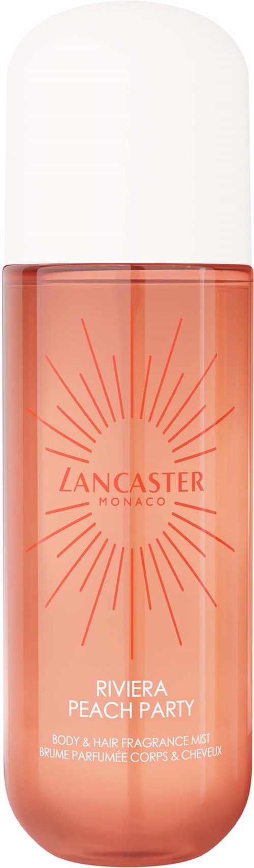 A peach-colored spray bottle with a white cap, labeled Lancaster Monaco Riviera Peach Party, emits a bright design.