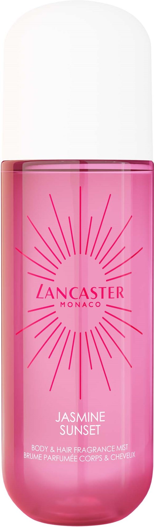 Pink body spray bottle with a white cap, labeled Lancaster Monaco Jasmine Sunset, surrounded by sunburst design.