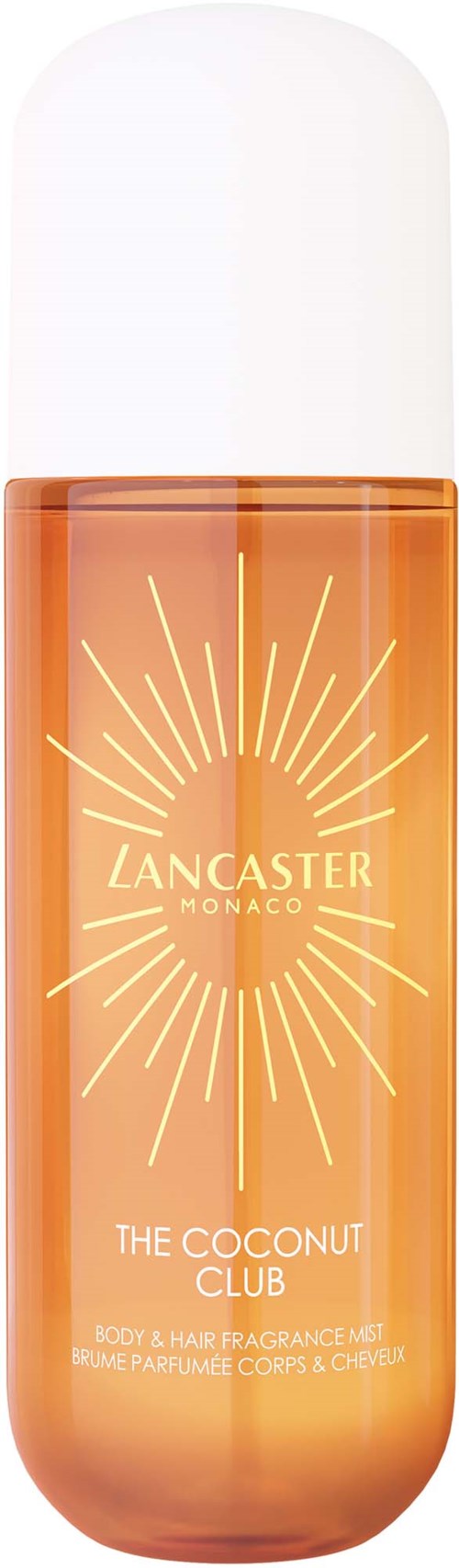 Een fles met oranje vloeistof, een witte dop en een label met zonnestralen en de woorden Lancaster Monaco en The Coconut Club.