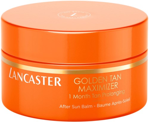 En oransje krukke av Lancaster Golden Tan Maximizer after sun balm med gulldetaljer og lokk.
