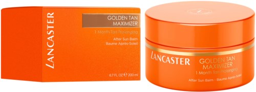 Lancaster Golden Tan Maximizer etter sol-balm i oransje emballasje med produkt og eske sett fra siden.