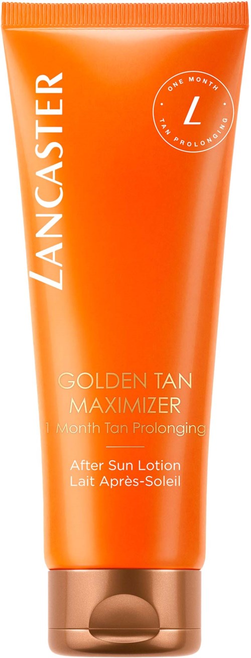 Orangene Tube Lancaster Golden Tan Maximizer After Sun Lotion mit braunem Deckel.