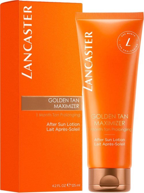 Lancaster Golden Tan Maximizer After Sun Lotion in orange tube and box. Designed for tan enhancement and skincare.