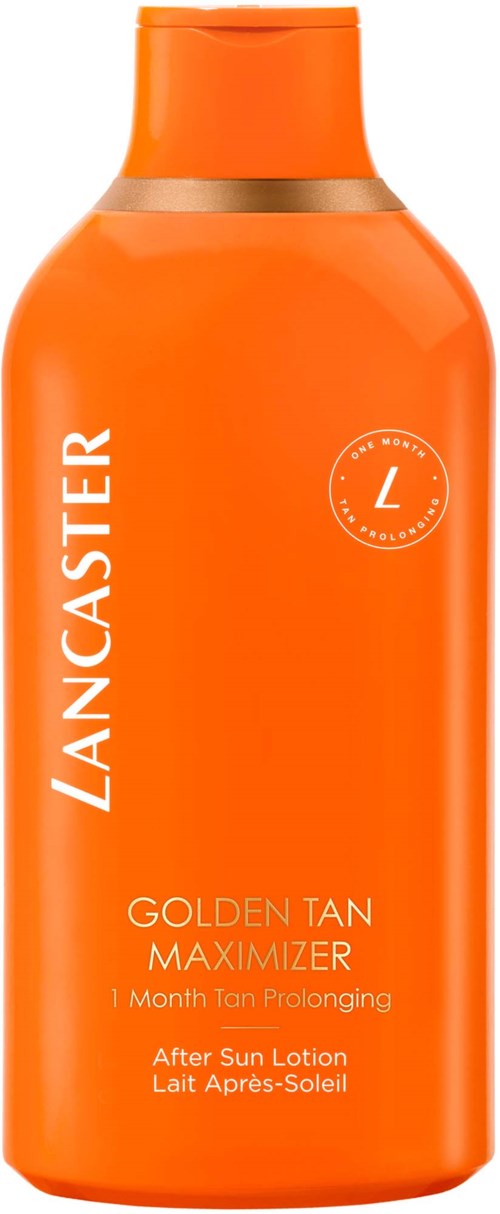 Lichtoranje fles met Lancaster Golden Tan Maximizer voor het verlengen van een maand bruining na zonnebrandcrème.