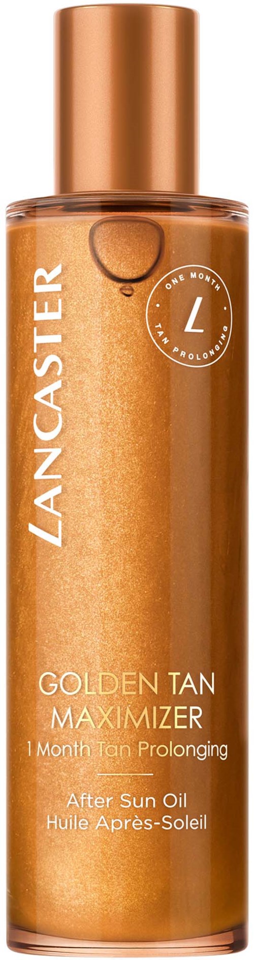 Eine hohe, transparente Flasche mit kupferfarbigem Deckel und goldbraunem Öl. Es trägt die Bezeichnung Lancaster Golden Tan Maximizer.