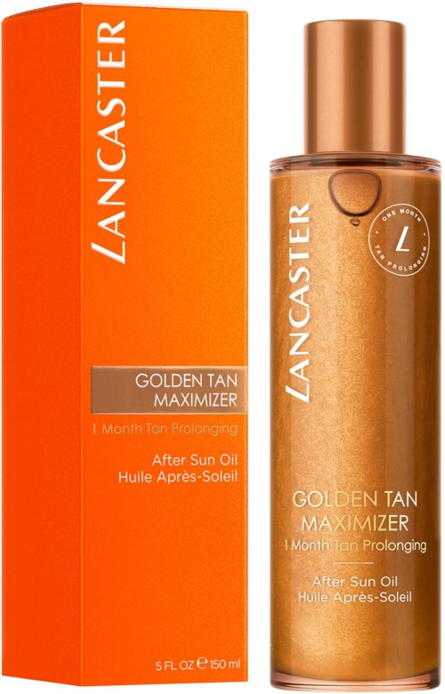 Lancaster Golden Tan Maximizer Flasche und Verpackung, orange und goldfarben, After Sun Öl zur Verlängerung der Bräune.