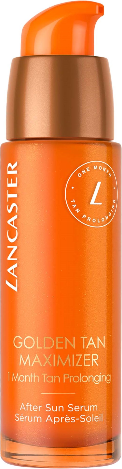 Oranje fles met pomp. Label zegt Lancaster Golden Tan Maximize, after sun serum, bevordert langdurige tanning.