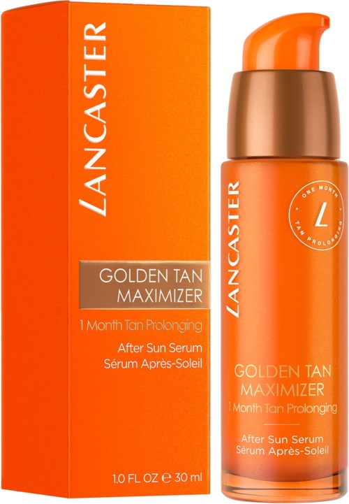 Een feloranje fles en doos voor Lancaster Golden Tan Maximizer after sun serum, dat de tanning verlengt.