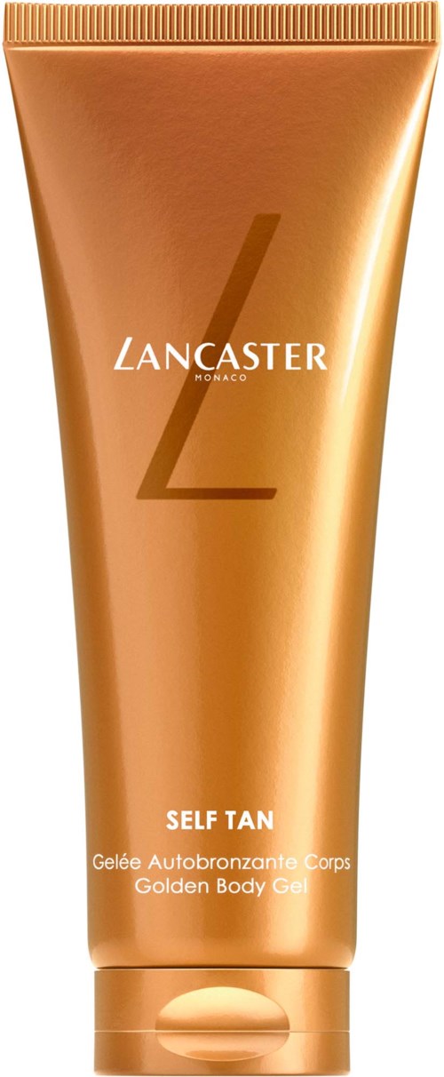 Goudkleurige lichaamsgel van Lancaster met grote 'L' logo en productnaam. Voor zelfbruiners en lichaamsverzorging.