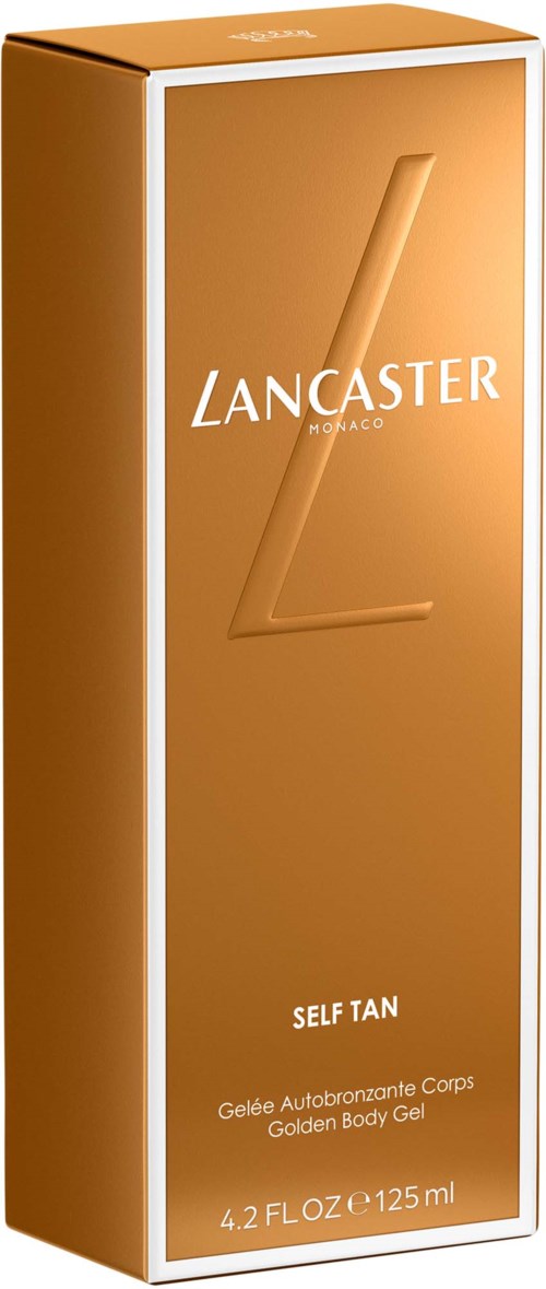Een lange, oranje doos met Lancaster-logo en tekst voor zelfbruinende bodygel. Inhoud 125 ml gel.