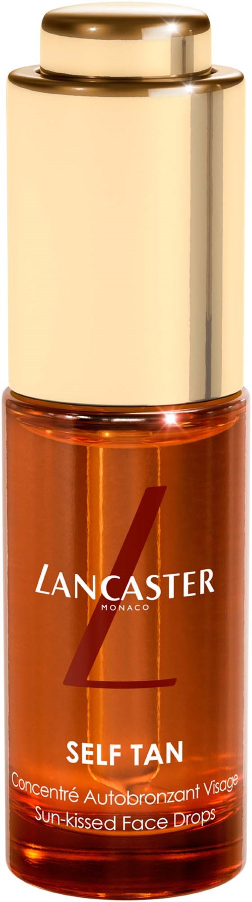 Een klein flesje met een gouden dop en bruin vloeistof, gemerkt Lancaster Self Tan, gebruikt voor huidbruining.
