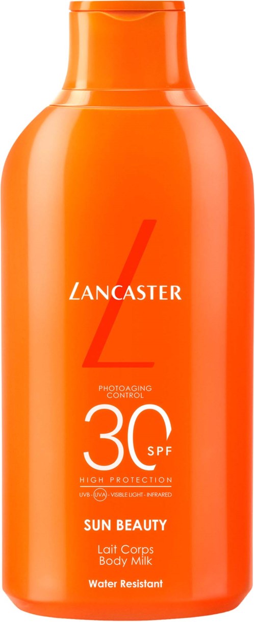 Oranje Lancaster Sun Beauty bodymilk met SPF 30, waterbestendig, voor huidbescherming.