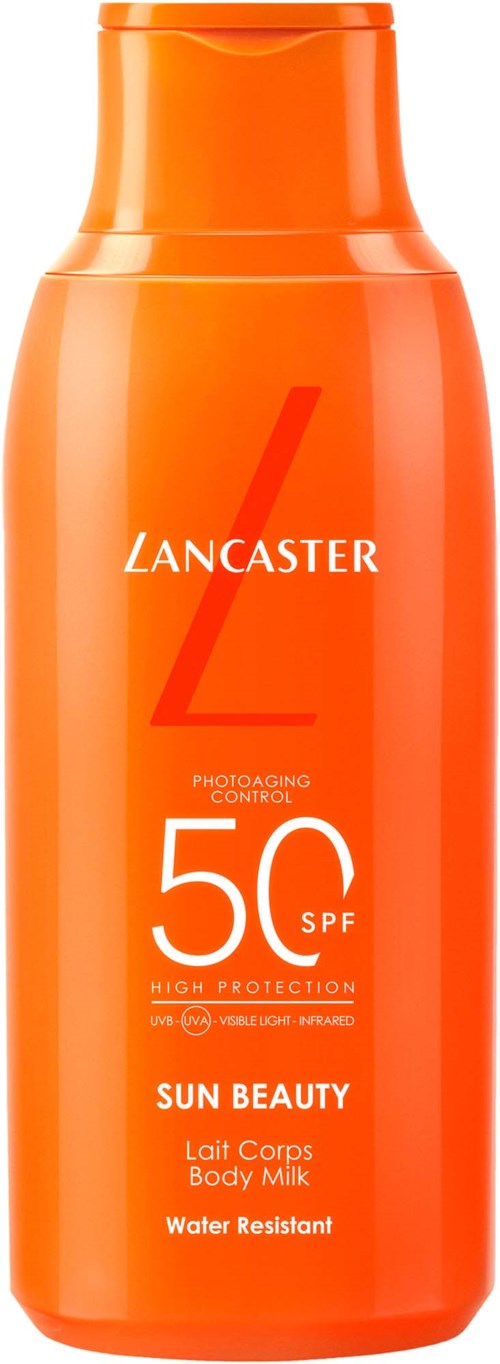 Oranje lichaamslotionfles met SPF 50, Lancaster, zonbescherming, waterbestendig en lichaamsmelk.