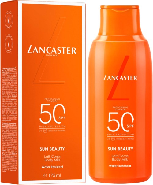 Lancaster zonnebrandfles en doos zijn oranje met witte tekst en grote 50 SPF.