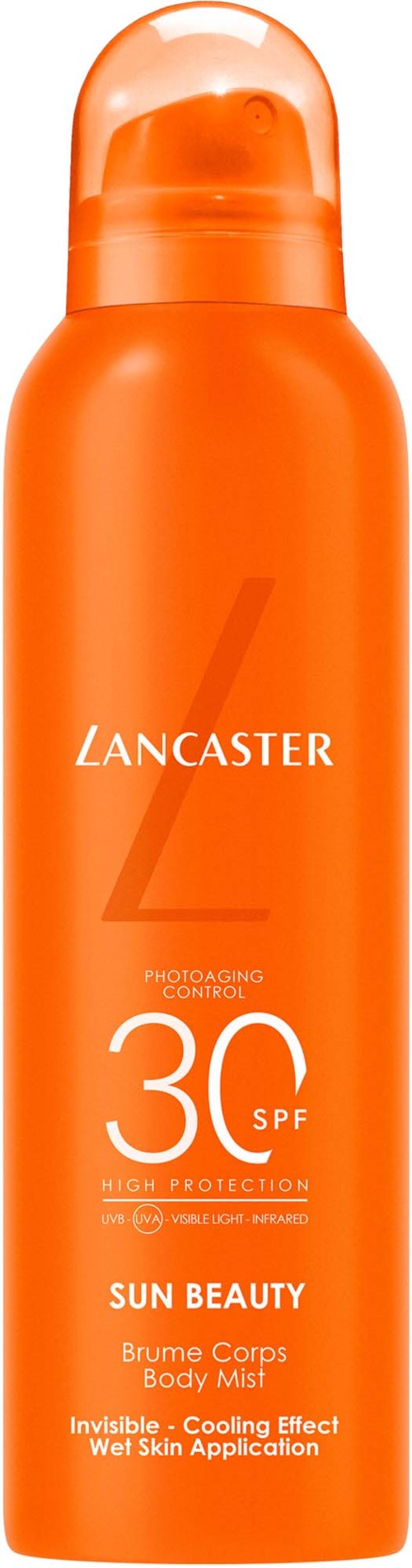 Lyse oransje solbeskyttelsesspray med Lancaster-merke, SPF 30 for kropp og ansiktet, for sensitiv hud.