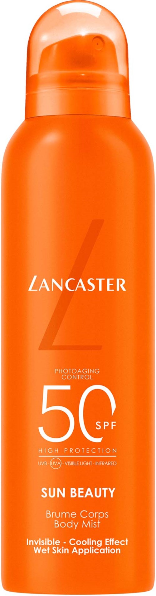 oranje Lancaster zonbeschermingspray met SPF 50 voor huidverzorging en zonbescherming.