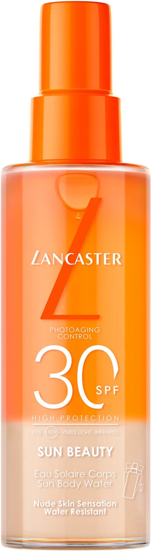 Lancaster zonnespray met SPF 30 voor huidbescherming en waterbestendig.