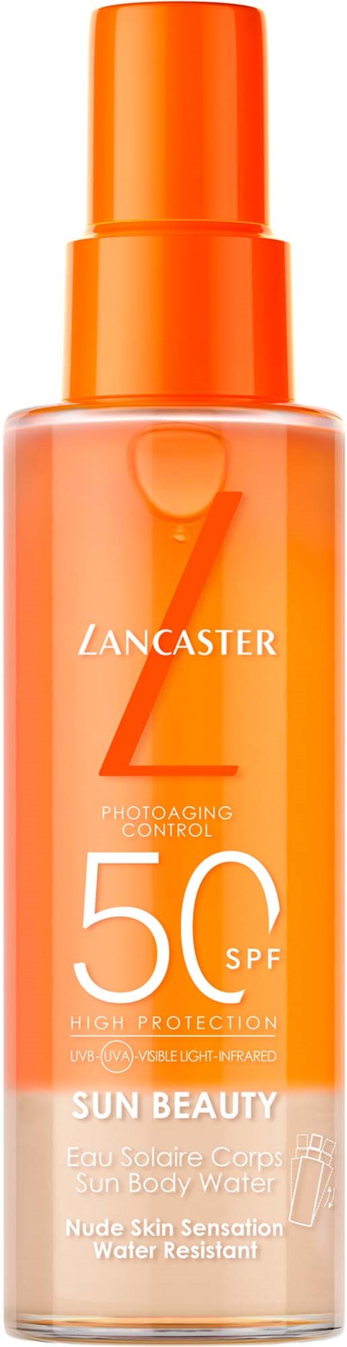 Een flesje zonnebrandcrème met SPF 50, voor hoge bescherming en waterbestendig.
