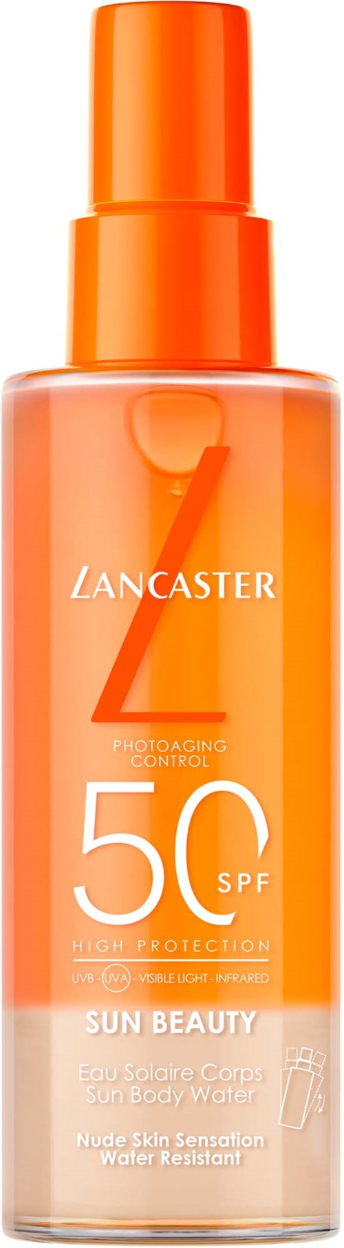 Een oranje sprayfles met SPF 50, label Lancaster Sun Beauty, voor zonnebescherming en waterbestendige huidverzorging.