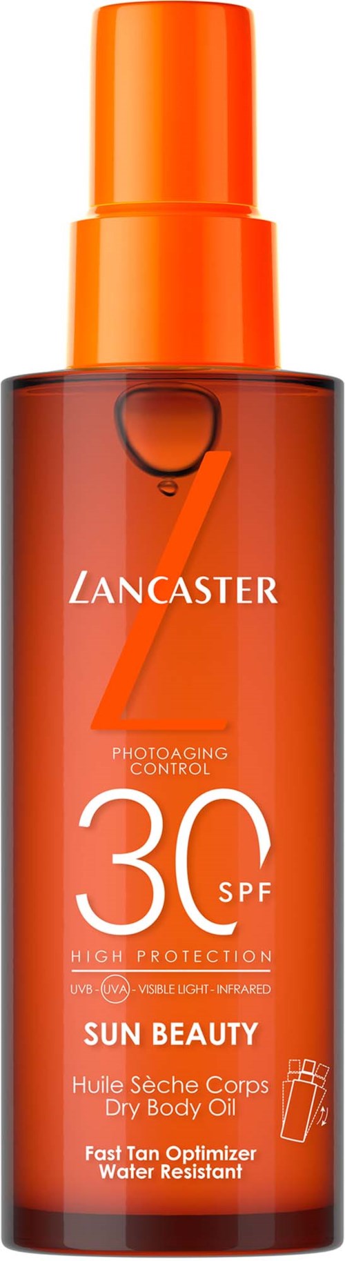 Een fles Lancaster zonnebrand spray met SPF 30, voor lichaam, waterdicht en snel droog.