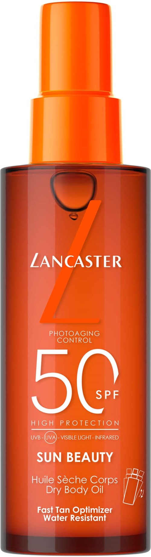 Lancaster solbeskyttelsesspray med SPF 50, oransje lokk, og etikett som indikerer hudbeskyttelse og vannbestandighet.