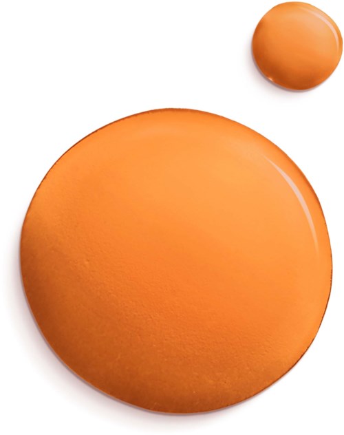 To oransje makeup-svamper i ulike størrelser på hvit bakgrunn.