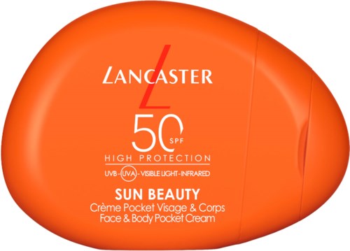 Oranje zonnebrandcrème container met Lancaster-merk, SPF 50, hoge bescherming, voor gezicht en lichaam.